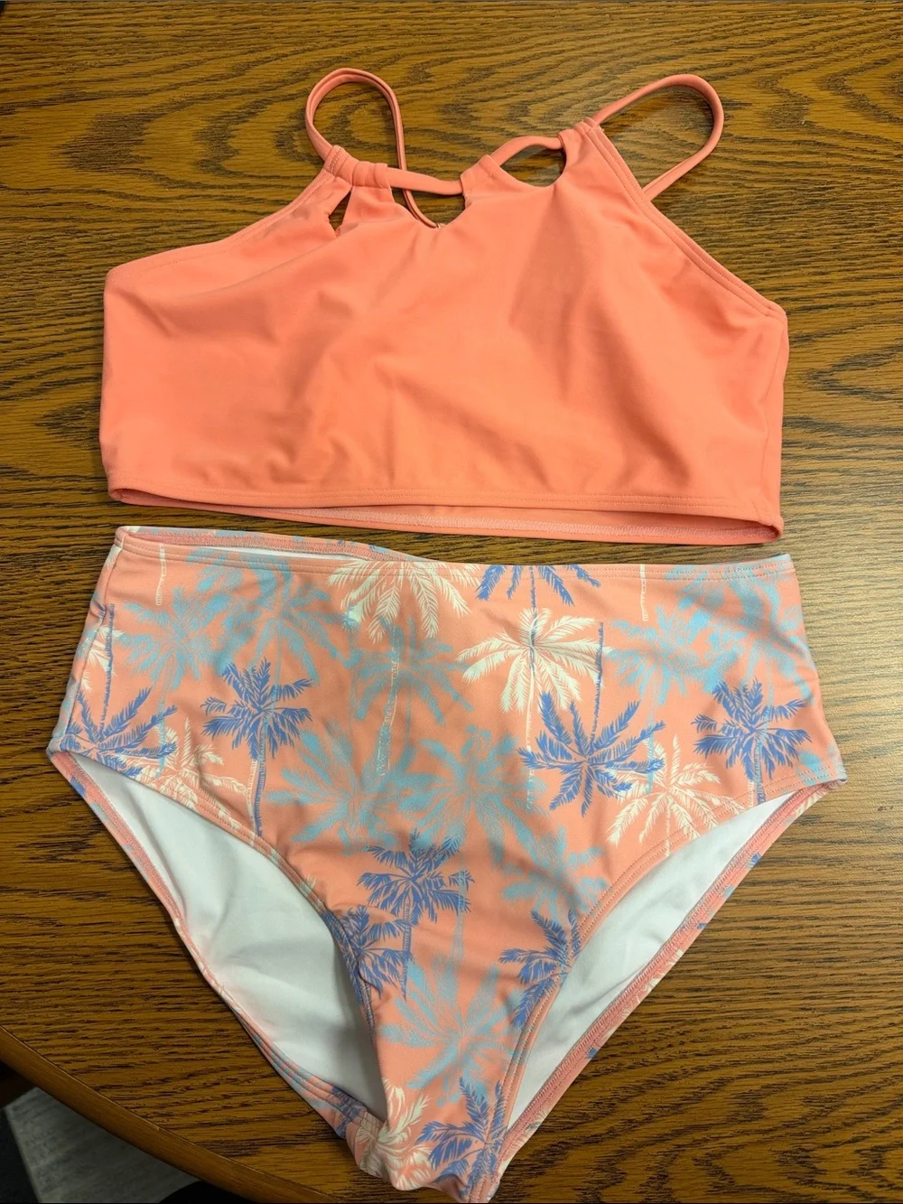 Coral Palm-Print High-Neck Girls' Bikini Set